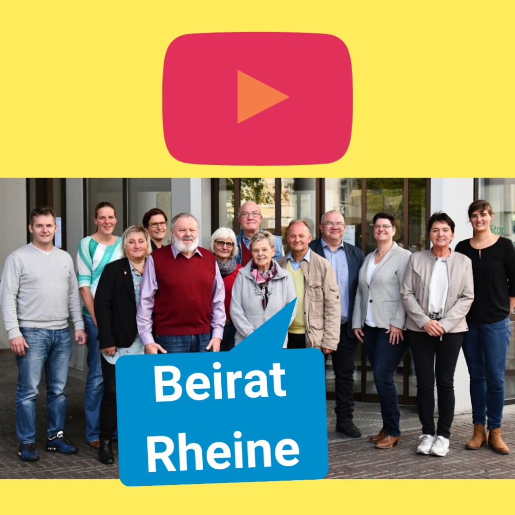 Oben ist das YouTube Symbol zu sehen. Darunter ein Foto des Behindertenbeirats Rheine. Darunter steht in einer Sprechblase geschrieben: Beirat Rheine.