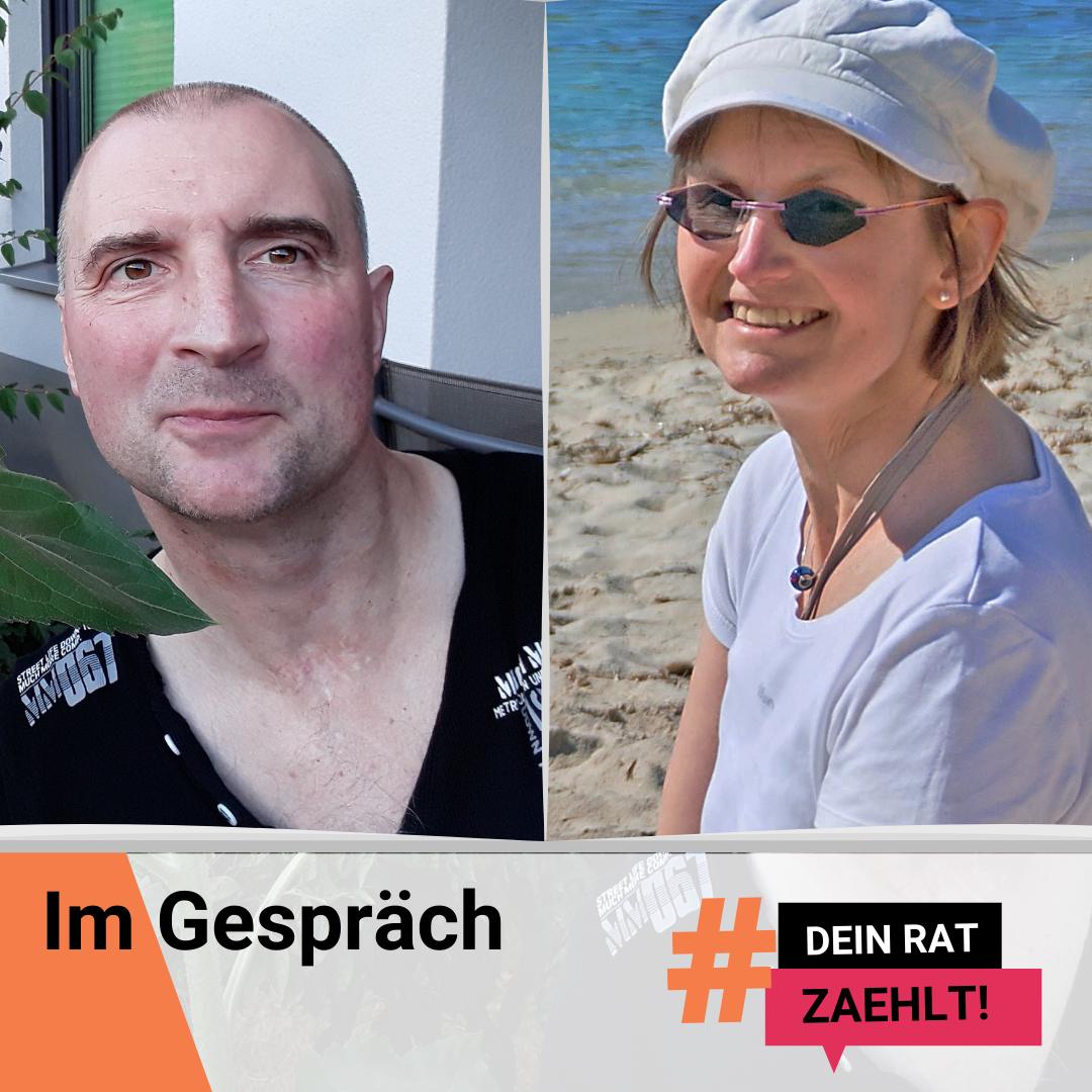 Ralf Bauer und Silke Katzfuß. Darauf der Text: Im Gespräch. DeinRatZaehlt!